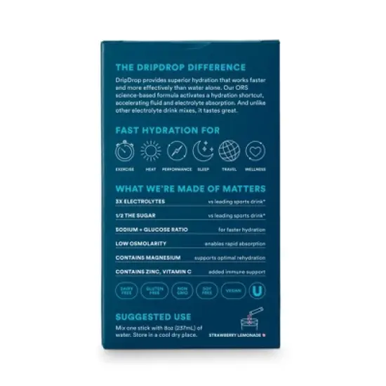 DripDrop Hydration Powder Vegan Electrolyte Supplements - Strawberry Lemonade - 0.35oz/8ct image {1}