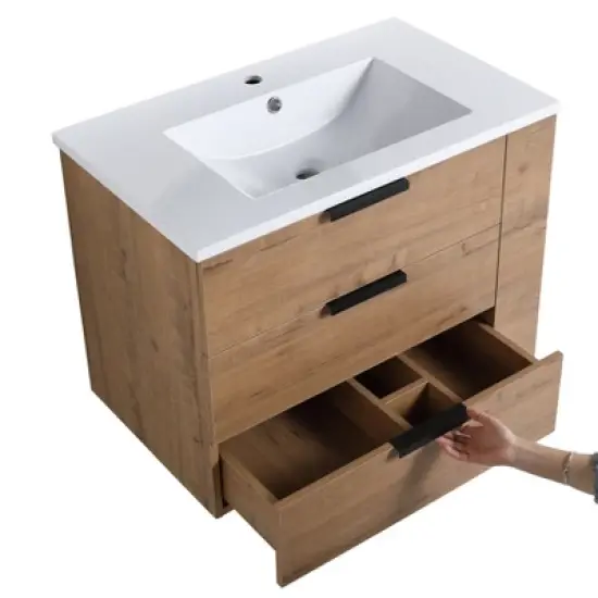 30" Floating Bathroom Vanity with Resin Sink, 30 Inch Single Sink Wall Mounted Bathroom Vanity with 3 Drawers image {3}