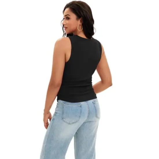 ATHLECHIC Women's Summer Ruched Ribbed Crew Neck Sleeveless Tank Tops image {3}