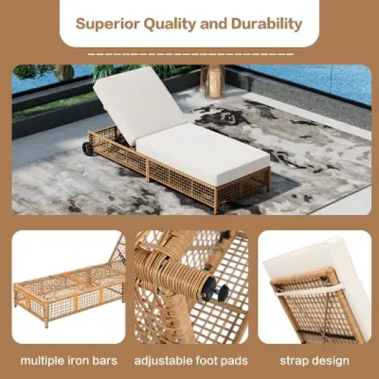 Mshliw Outdoor Lounge Chair with 5-Position Backrest, Rattan Chaise Lounge with Cushion and Wheels for Poolside, Backyard & Garden image {11}