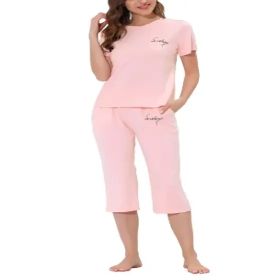 cheibear Womens Sleepwear Pajama Set Round Neck Nightwear Lounge Pjs with Capri Pants image {6}