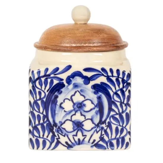 Storied Home Hand-Painted Stoneware Canister with Design, Acacia Wood Lid and Spoon, Cream, Blue and Natural image {5}