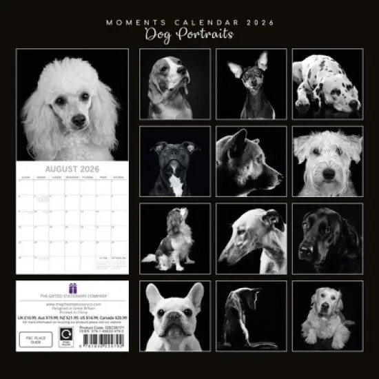 2026 Square Wall Calendar, Dog Portraits, 16-Month Black and White Photos with 180 Reminder Stickers (12x12 In) image {3}