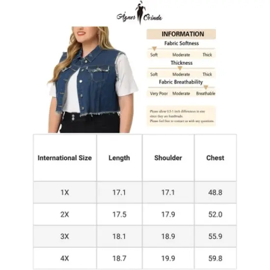 Agnes Orinda Women's Plus Size Jean Raw Hem Button Down Sleeveless Crop Denim Vest image {5}