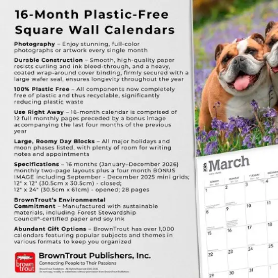 BrownTrout Bulldogs 2026 12"x24" Hanging Square Wall Calendar Plastic-Free image {5}
