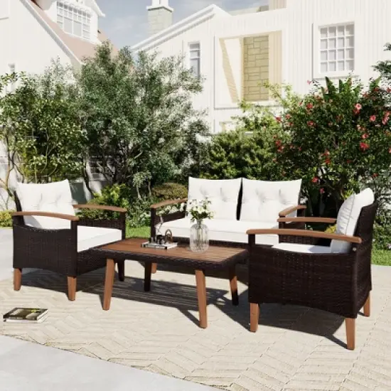 FURNIinspire Patio Seating Sets 4-Pieces Outdoor Wicker Seating Set, Conversation Sofa Set, Sofa Set And Wood Table, Brown And Beige, 46&ldquo;*25&rdquo;*28&ldquo; image {1}