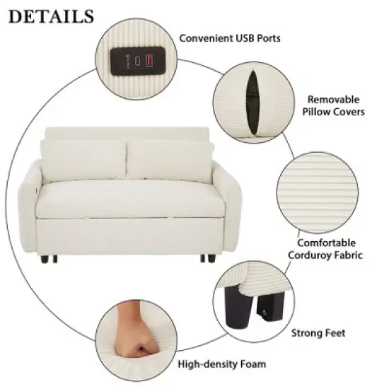 Okak Modern Pull-out Sofa Bed 57.48" Convertible Loveseat Sleeper Couch Futon with 2 Throw Pillows & USB Ports for Living Room image {3}