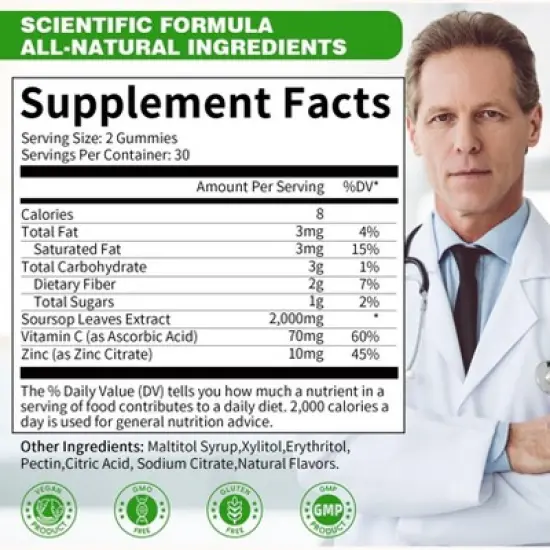 GPGP GreenPeople Soursop Graviola Gummies, Soursop Leaves Extract - Energy Boost, Digestive & Immune Support, Antioxidant - Vegan, Non-GMO - 60 Ct image {1}