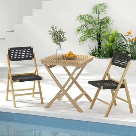 Costway 2/4 Piece Patio Folding Chairs with Woven Rope Seat & High Back Indonesia Teak Wood for Porch Natural&Black image {3}
