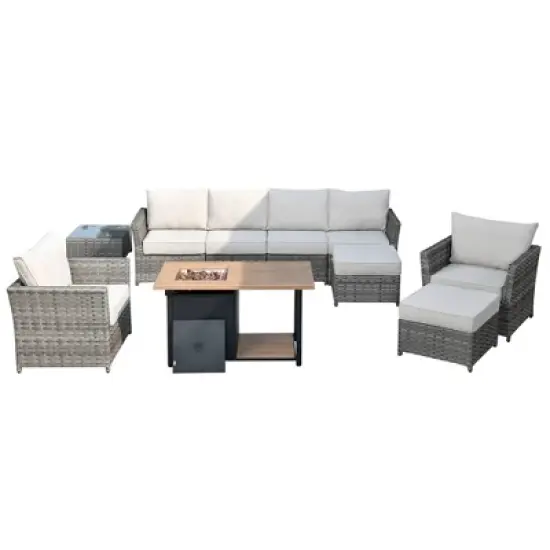Tenaya 10pc Wicker Outdoor Patio Furniture Set Conversation Sofa with a Storage Fire Pit and Cushions image {1}
