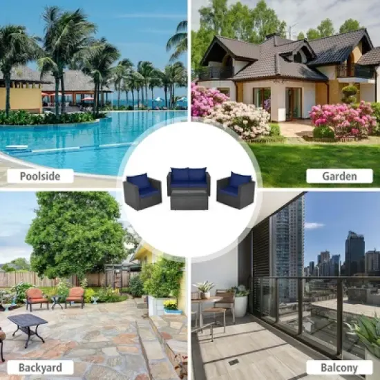 Tangkula Set of 8 Patio Rattan Conversation Furniture Set Outdoor Wicker Sofa Set with Padded Cushion & Tempered Glass Coffee Table Navy image {2}