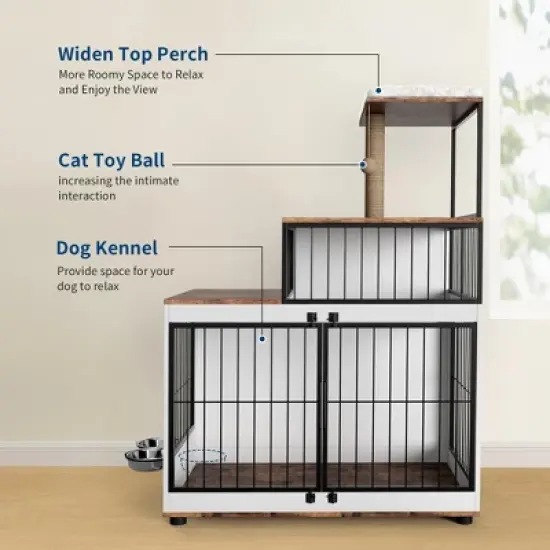 Multi-Functional Dog Crate Furniture - Cat Scratching Post, Resting Platform, Rotating Food Bowl, 2 in 1 Wood & Metal Pet Kennel Cage for Homes image {3}