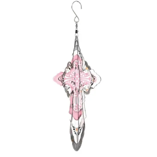 Dicksons WS-4 Cut Out Cross Shaped Pink and White 15 x 8 Stainless Steel Iridescent Outdoor Porch Deck Balcony Wind Spinner with Hanger image {1}