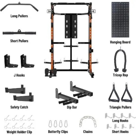 Power Cage, Multi Function 2000LB Squat Rack with Dual Pulley Cable Crossover System, Free Weight Home Equipment with Bench and Attachment Orange image {2}