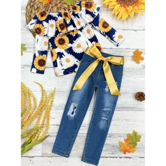 Girls My Lucky Flower Patched Jeans Set - Mia Belle Girls image {1}