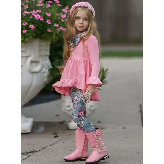 Girls Flawless Hi-Lo Ruffle Tunic, Floral Leggings & Scarf Set - Mia Belle Girls image {5}
