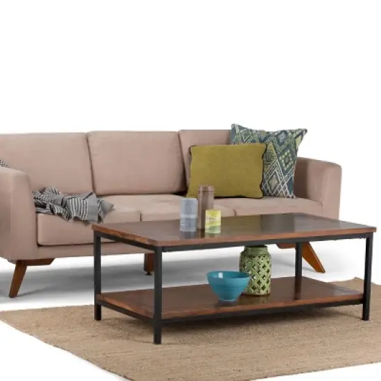 WyndenHall 48" Rhonda Solid Mango Wood Coffee Table Dark Cognac Brown: Rectangle, Lacquered Finish, Metal Hardware image {1}
