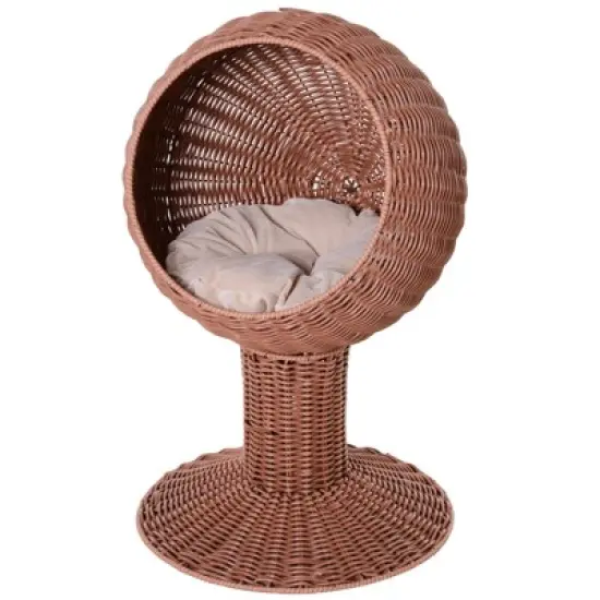 PawHut 27" Hooded Wicker Elevated Cat Bed Rattan Kitten Condo Round with Cushion image {7}