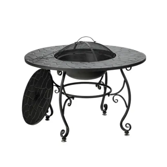 WELLFOR 35.5" Wood Burning Dining Table Outdoor Fire Table With Cover & Cook Grate W-70941 Black image {7}