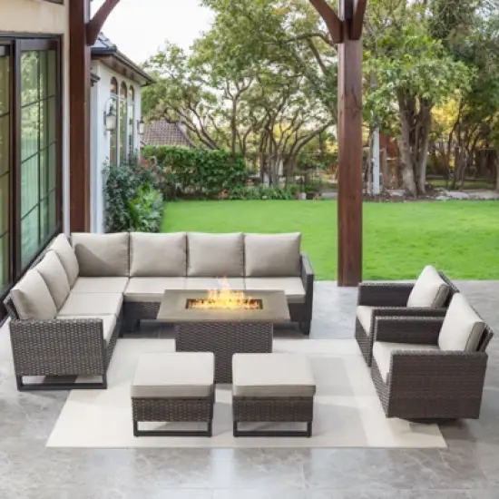 POCASSY 8 Piece Outdoor Sectional Patio Furniture Set, All Weather Brown Wicker Outdoor Furniture Set with Swivel Chair and 41" Propane Fire Pit image {1}