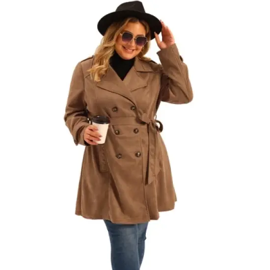 Agnes Orinda Women's Plus Size Faux Suede Notched Lapel Double Breasted Belt Trench Coat Jacket image {2}