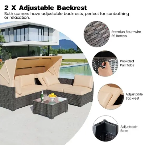 Patio Furniture Sets 6 Pieces, PE Rattan Daybed with Retractable Canopy& Adjustable Backrest Outdoor Sectional Furniture with Glass Coffee Table image {3}