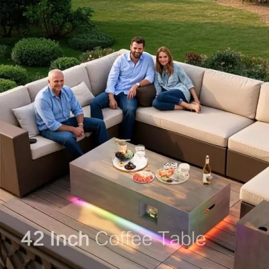 Evita 50,000 BTU Outdoor Fire Pit Table with LED Light, Propane Tank, Windshield, Glass Stone and Rain Cover-42*20*12 Inch, Brown image {4}