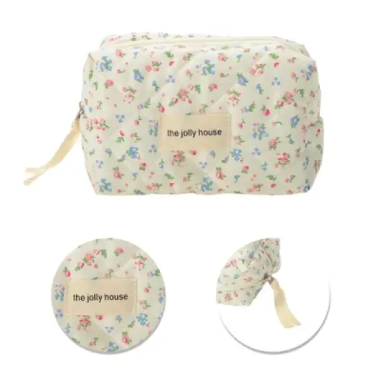 Unique Bargains Quilted Square Flowers Makeup Bag Red Green 1 Pc image {3}