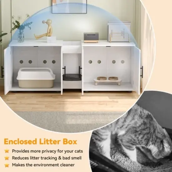 Whizmax Litter Box Enclosure for 2 Cats, Cat Hidden Litter Box Enclosure Furniture with Double Room, Wooden Enclosed Cat Litter Box Furniture,White image {4}