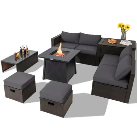 Tangkula 9PCS Outdoor Patio Furniture Set with 30" Propane Fire Pit Table PE Wicker Space-Saving Sectional Sofa Set w/ Storage Box & Cushions image {11}