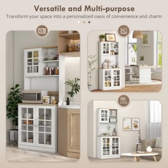 Gulches Kitchen Pantry Cabinet, 72" Large Countertop Storage Cabinet  , Glass Doors and Shelves, Microwave Cabinet, Coffee Bar Cabinet , White image {5}