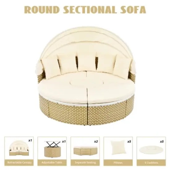 4-Pieces Outdoor Patio Rattan Round Daybed Sunbed with Retractable Canopy and Table image {4}