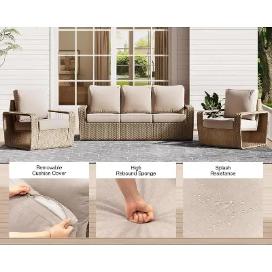 AMERLIFE 3-Piece Outdoor Patio Furniture Set, 82" Rattan Sofa & 2 Wicker Chairs image {5}