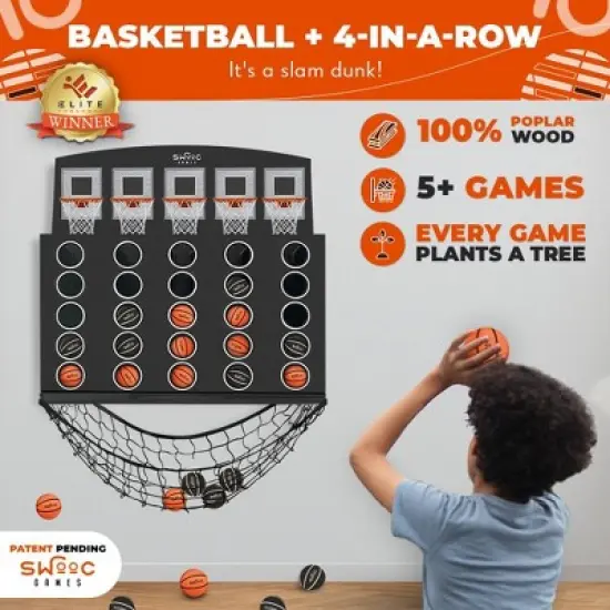SWOOC Games - Low Post Lineup | Wall Mounted Giant Basketball 4 In A Row w/ 5+ Games | Basketball Hoop For Room Wall Games | Mini Game Room Games image {1}
