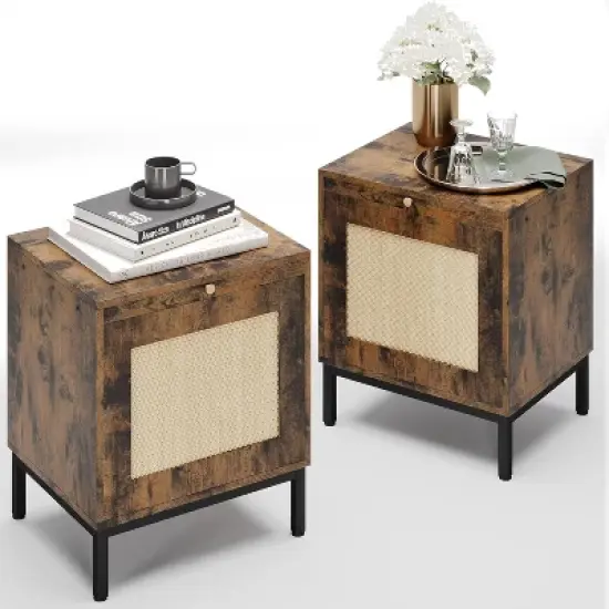 GustoWave Rattan Nightstand Set Of 2, Modern Farmhouse End Table With Storage Cabinet And 1 Door Or Living Room Bedroom, Brown+Black image {7}