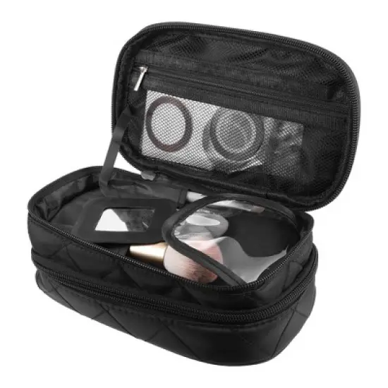 Unique Bargains Travel Double LayerMakeup Bag Makeup Brush Holder Portable Makeup Organizer Bag Cosmetics Storage Bag Waterproof Black 1 Pcs image {4}
