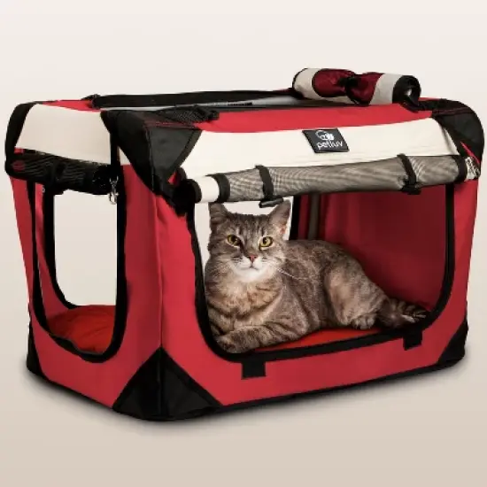 PetLuv Cat & Dog Carrier Foldable Pet Travel Crate, Removable Plush Pillow, Privacy Windows, Locking Zippers, Pocket, Seatbelt Straps image {10}