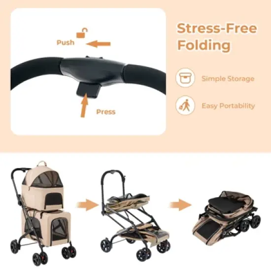 Tangkula Double Dog Stroller Foldable 3-in-1 4 Wheels with 2 Detachable Carriers Safety Belt Washable Cover Removable Pads for Small Medium Dogs image {4}