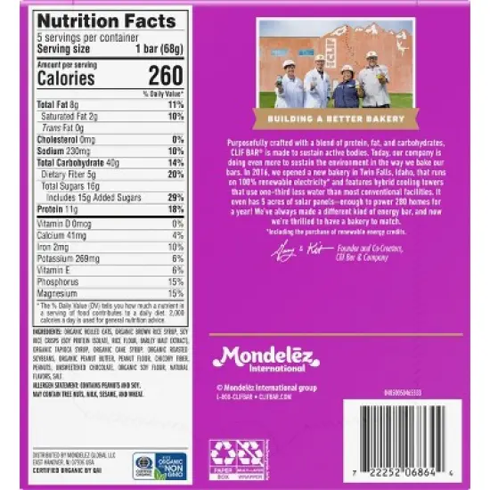 CLIF Bar Chocolate Chip Peanut Crunch Granola Protein Bar Made with Organic Oats - 11g Protein - 12oz/5pk image {7}