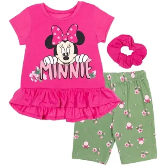 Disney Frozen Minnie Mouse Little Mermaid Elsa Princess Anna Peplum T-Shirt Shorts & Scrunchie 3 Pc Set Infant to Big Kid image {9}