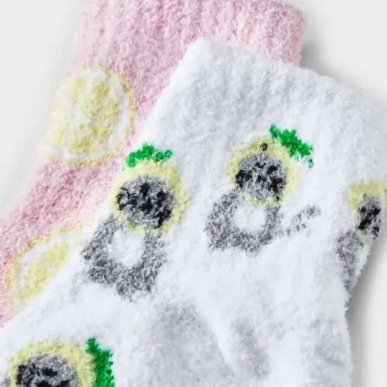 Women's Cats & Lemons 2pk Cozy Quarter Crew Socks - White/Pink 4-10: Midweight Velour Ribbed Fabric image {2}