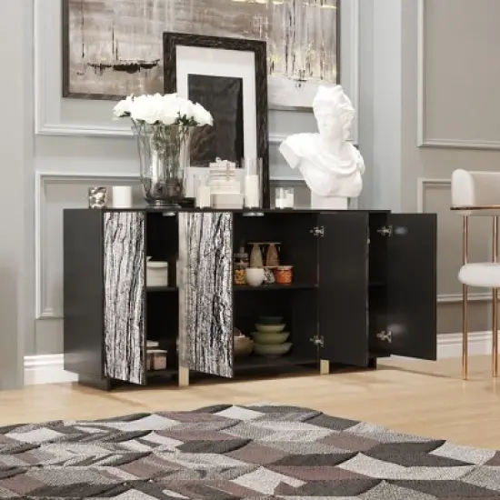 Famapy Chic Buffet Cabinet with Wood - Grain Pattern, Integrated Lighting and Sturdy Black Frame - Elevate Dining Spaces with Stylish Storage image {1}