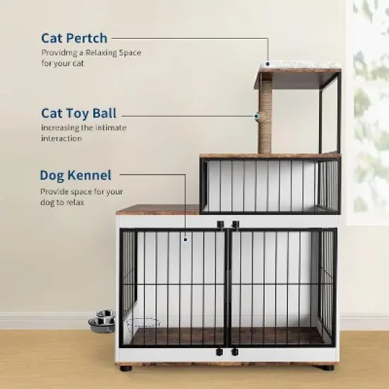Acekool Dog Crate Furniture with Cat Tower & Shelving, 2-in-1 Wooden Pet Cage, Multi-Level Play, Side Table, Adjustable Bowls image {1}