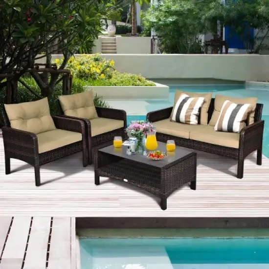 Costway 4PCS Patio Rattan Furniture Set Loveseat Sofa Coffee Table Garden W/ Cushion image {4}
