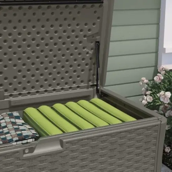 Suncast BMDB12000ST 134-Gallon Extra Large All-Weather UV-Resistant Wicker Pattern Deck Box with Lockable Lid for Garden, Garage, or Patio, Stoney image {4}