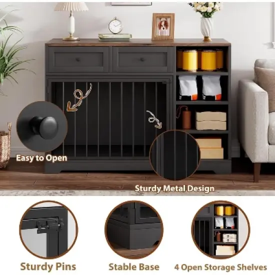 Dog Crate, Wooden Dog Kennel End Table with 2 Drawers and 4 Open Storage Shelves, Removable Bowls image {6}