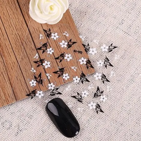 Wrapables 24 Sheets Black & White Flowers with Rhinestones Nail Stickers Set Nail Art image {2}