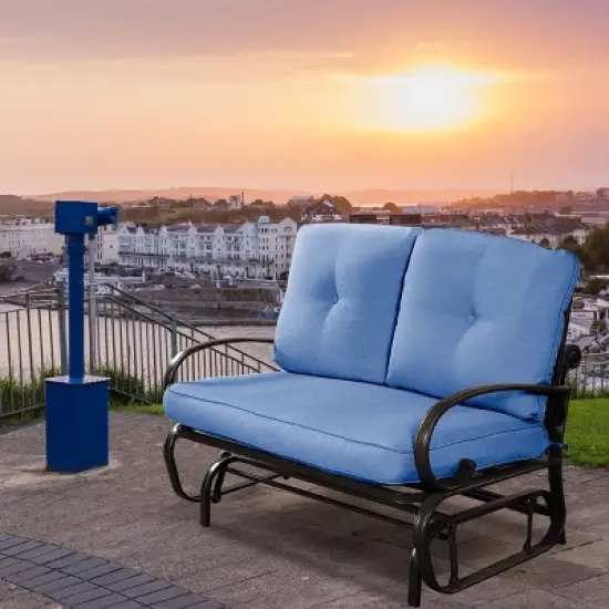 Costway Glider Outdoor Patio Rocking Bench Loveseat Cushioned Seat Steel Frame Blue image {7}