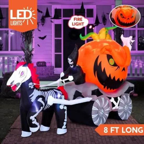 Joyfy 8 FT Long Halloween Inflatable Outdoor Decoration, Inflatable Pumpkin Carriage with Build-in LEDs for Halloween Outdoor Yard Graden Lawn Decor image {1}
