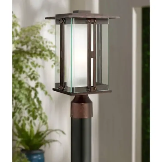 Franklin Iron Works Fallbrook Modern Industrial Post Light Bronze 15 3/4" Clear Frosted Double Glass for Exterior Barn Deck House Porch Yard Patio image {1}